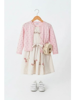 Miniğimin Cicileri Kelebek Işleme Detaylı Çantalı Elbise ve Kırmızı Hırka Kız çocuk kombini - Pembe