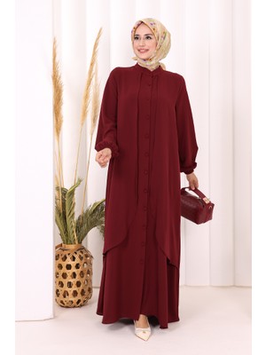 Bym Fashion Boydan Düğmeli Elbise 6045 Bordo