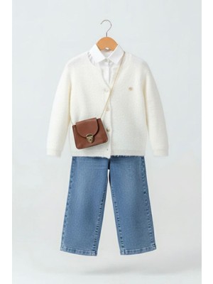 Miniğimin Cicileri Yumuşak Dokulu Kalp Detaylı Hırka  ve Geniş Paça Jean Kız çocuk kombini - Beyaz