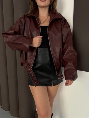 OEY Fashions Astarlı Kemerli Pb Deri Ceket Bordo Onst