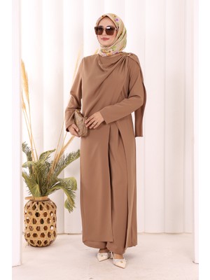 Bym Fashion Tek Omuz Gold Toka Detaylı Tunik Pantolon Takım 8698 Kahverengi