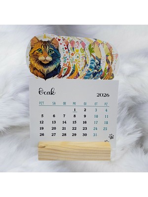 Yunus Copy 2026 Kedi Takvimi Ahşap Ayaklı Kedi Temalı Özel Tasarım Takvim