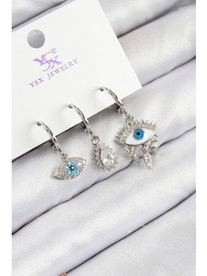 Shopwave Pirinç Zirkon Taşlı 3'lü Fatma'nın Gözü Model Gümüş Renk Kadın Küpe