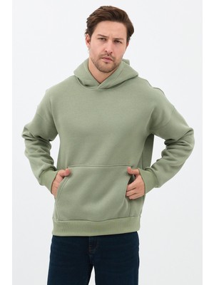 Sparrow Unisex Oversize Pamuklu Kanguru Cepli 3 Iplik Basic Kapüşonlu Sweatshirt Buz Yeşil - L