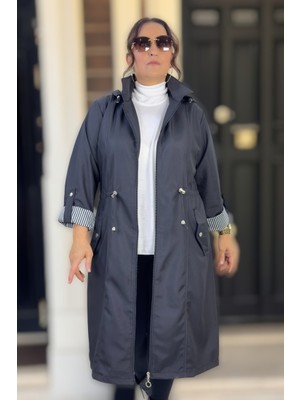 Yagmur Beren  Çıkartılabilir Kapşonlu Katlanabilir Kol Detay Bonded Kumaş Uzun Boy Ekstra Büyük Beden Trençkot