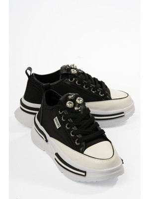 Mubiano Kadın Paraşüt Sneaker Taş Detaylı Kalın Tabanlı Siyah Zeyra