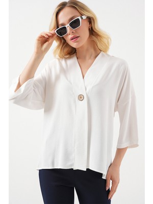 Bigdart Kadın Kısa Kol Oversize Kimono 5969 - Beyaz
