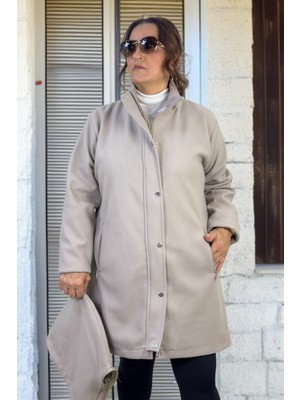 Yagmur Beren  Çıt ve Fermuar Kapama Çıkartılabilir Kapüşon Astarlı Büyük Beden Kadın Kaban