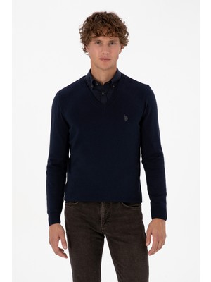 U.S. Polo Assn. Erkek Slim Fit V Yaka Lacivert Basic Triko Kazak 50313662-VR033