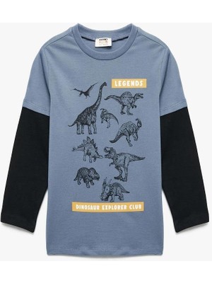 Koton Erkek Çocuk Dinozor Baskılı Uzun Kollu Bisiklet Yaka Pamuklu Tişört