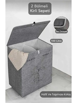 Tex Republic 2 Gözlü Kompakt Kapaklı Derili Çamaşır Sepeti -Katlanabilir Dayanıklı 100LT 53 x 33 x 60 cm