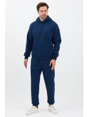 Sparrow Erkek Pamuklu Eşofman Takımı Oversize Kapüşonlu 3 Iplik Kanguru Cepli Rahat Kesim Lacivert - Xl