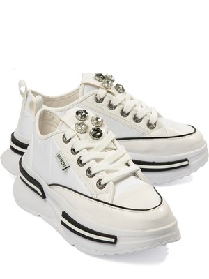 Mubiano Kadın Paraşüt Sneaker Taş Detaylı Kalın Tabanlı Beyaz Zeyra
