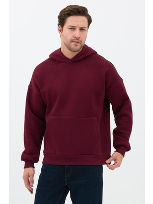 Sparrow Erkek Oversize Pamuklu Kanguru Cepli 3 Iplik Basic Kapüşonlu Sweatshirt Bordo - M