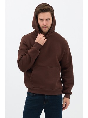 Sparrow Erkek Oversize Pamuklu Kanguru Cepli 3 Iplik Basic Kapüşonlu Sweatshirt Kahverengi - L