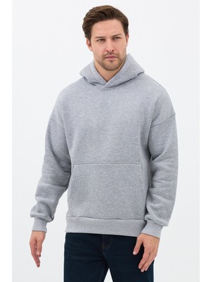 Sparrow Erkek Oversize Pamuklu Kanguru Cepli 3 Iplik Basic Kapüşonlu Sweatshirt Gri - L