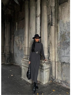 Zengezur Mall Xmpdby Boğazlı Kalın Bürümcük Uzun Elbise Siyah (Beden: S)