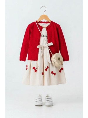 Miniğimin Cicileri Kelebek Işleme Detaylı Çantalı Elbise ve Kırmızı Hırka Kız çocuk kombini - Kırmızı