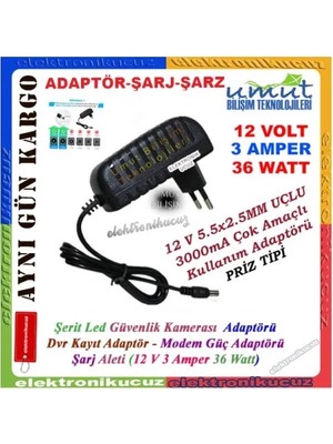 Moonkip Farklı Amaçlı Kullanımlar Için Uyumlu Adaptör.12 Volt 3 Amper Adaptör Kamera Adaptörü 12V 3A Adaptör LED Modem Güvenlik Kamerası Plastik Kasa Priz Tipi 5.5x2.1-2.5mm Jaklı.