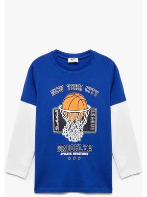 Koton Erkek Çocuk Uzun Kollu Bisiklet Yaka Basketbol Baskılı Pamuklu Tişört