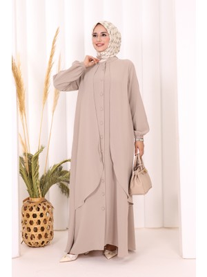 Bym Fashion Boydan Düğmeli Elbise 6045 Vizon