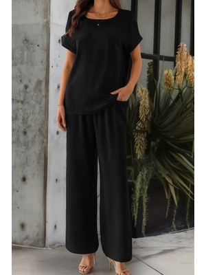 Kadın Kısa Kollu Yakası Açık Aerobin Bluz ve Pantolon Ikili Takım