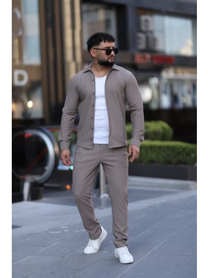 L-KOM Çizgili Slim Fit 2li Takım (Gömlek & Pantolon) - Pamuklu Rahat Takım Elbise