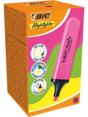 Mena Rise Marking Flat Higlighter Fosforlu 12'li Kutu, Pembe Fosforlu, Su Bazlı, Hızlı Kuruyan Mürekkep