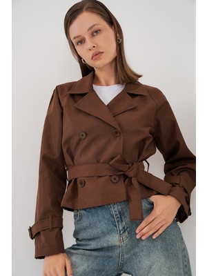 Bigdart Kadın Kemerli Kısa Trençkot 5970 - Kahverengi