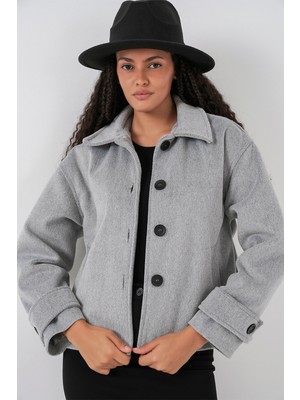 Bigdart Kadın Cepli Kruvaze Uzun Kollu Kısa Kaşe Ceket 0724 - Gri