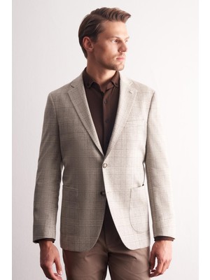 İmza Taş Rengi Mono Yaka Ekose Desen Pamuklu 6 Drop Comfort Fit Classic Ceket 1002255152