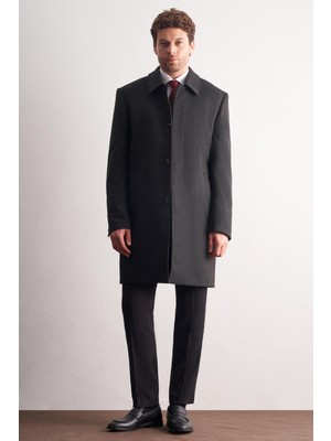 İmza Koyu Antrasit Berberi Yaka Tam Astar Classic Comfort Fit Esnek Kaşe Palto 1005255152
