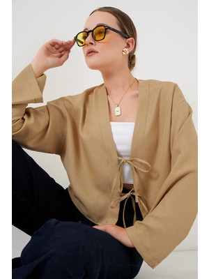 Bigdart Önü Bağlamalı Keten Kimono 960 - Bisküvi