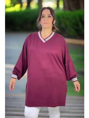 Yagmur Beren  Kristal Viskon Kumaş Yırtmaçlı Takma Kol Büyük Beden Ribanalı V Yaka Bluz