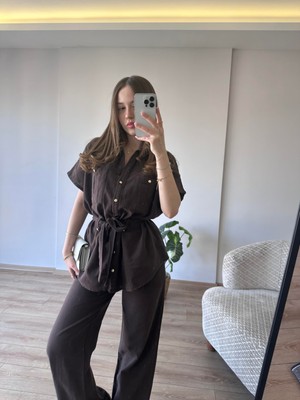 LOOQ Kemerli Keten Takım - Kahve