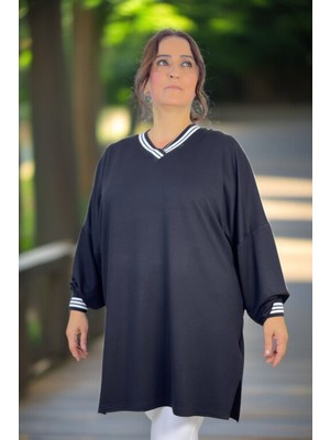 Yagmur Beren  Kristal Viskon Kumaş Yırtmaçlı Takma Kol Büyük Beden Ribanalı V Yaka Bluz