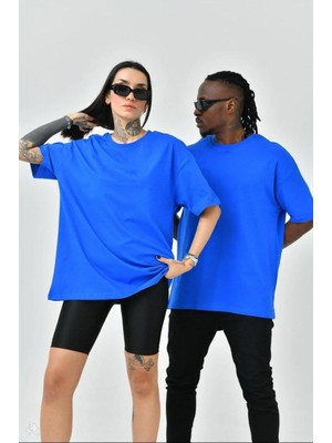 Rawea Fashion Unisex Basic Bisiklet Yaka Oversize T-Shirt - Mavi