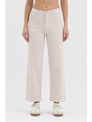 Hateko Kadın Hakan Jeans Esnek Wide Leg Ekru Yüksek Bel Kot Pantolon
