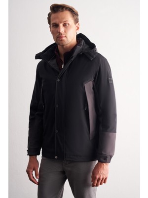 İmza Siyah - Antrasit Kapüşonlu Yaka Bondid Yırtmaçsız Casual Mont 1007255134