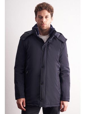 İmza Açık Lacivert Çıkma Kapşonlu Dik Yaka Yırtmaçsız Esnek Classic Kaban 1008255165