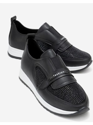 Ccway Taşlı Lastikli Kadın Günlük Ayakkabı Siyah Beyaz