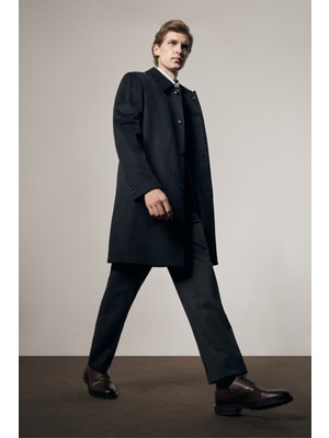 İmza Koyu Lacivert Kaşe Düz Desenli Comfort Fit Erkek Palto Uzun Kol 110 cm 1005255154