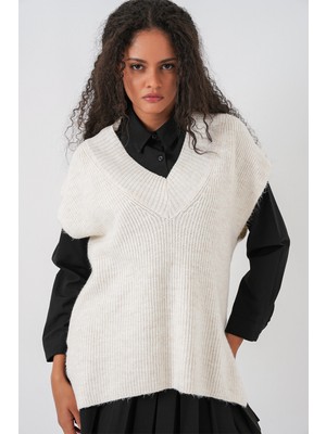 Bigdart Kadın V Yaka Triko Süveter 15925 - Ekru