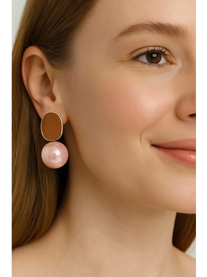 Sacce Scarves & Accessories Vintage Inci Oval Küpe – Sütlü Kahve Mine ve Pembe Inci Detaylı