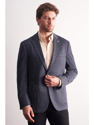 İmza Lacivert Mono Yaka Kendinden Desenli Esnek 6 Drop Comfort Fit Classic Ceket 1002255155