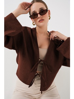 Bigdart Önü Bağlamalı Keten Kimono 960 - Kahverengi