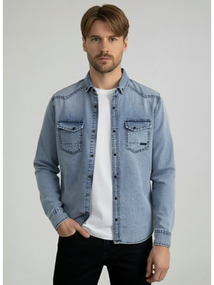 YXC Trend Maker Erkek Gömlek Slim Fit Erkek Yıkamalı Kot Gömlek