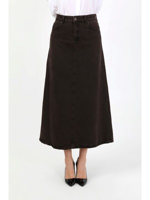 Vellichor Yüksek Bel A Kesim Denim Etek Kahverengi