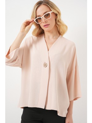 Bigdart Kadın Kısa Kol Oversize Kimono 5969 - Krem