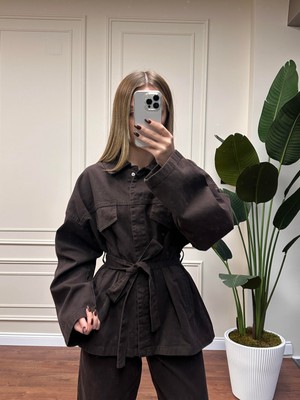 Alyalis Butik Beli Kuşaklı Kot Takım - Kahverengi